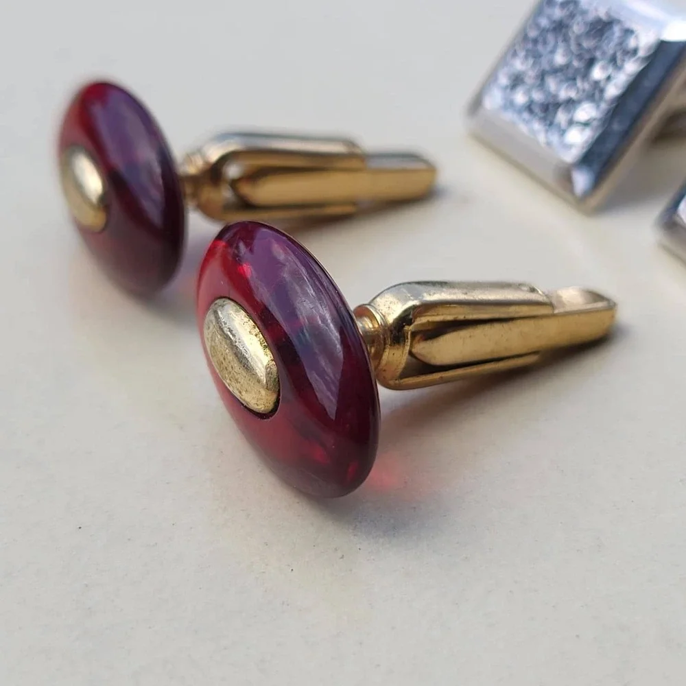 Vintage Mixed Metal Resin Cufflinks Lot Gold Silver Red Starburst Textured